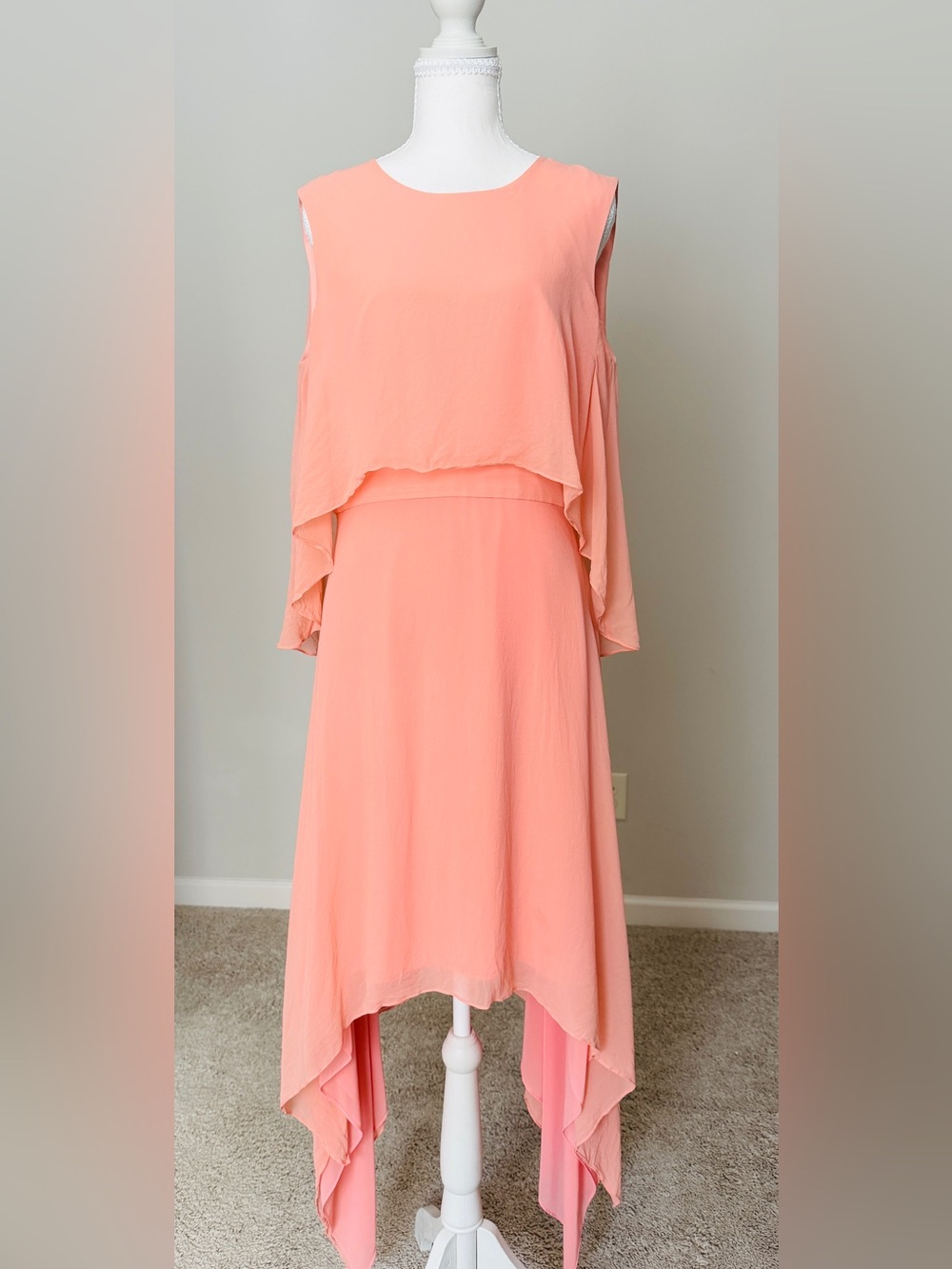 BCBGMaxAzria Peach High-Low Tiered Silk Chiffon Dress